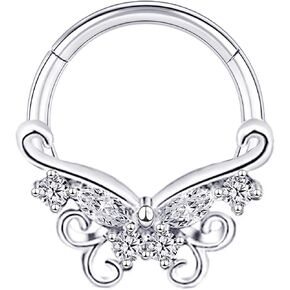 16G CZ Butterfly Septum Ring Surgical Steel Daith Earring Hoop, Gold Silver Gemstone Septum Jewelry for Septum Piercing, Septum Clicker Daith Piercing Jewelry 16 Gauge 10mm 8mm