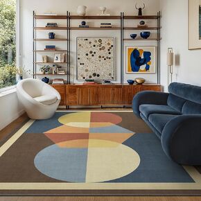 Bavni Geometric Rug Runner 2x6, Retro Mid-Century Modern Carpet Runner Rug Non Slip, Abstract Ultra-Thin Machine Washable Runner Rug for Entryway, Hallway, Bedroom, Laundry, Brown/Blue