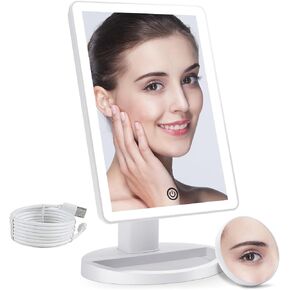 COSMIRROR Lighted Makeup Vanity Mirror with 10X Magnifying Mirror, 21 LED Lighted Mirror with Touch Sensor Dimming, 180°Adjustable Rotation, Dual Power Supply, Portable Cosmetic Mirror (White)