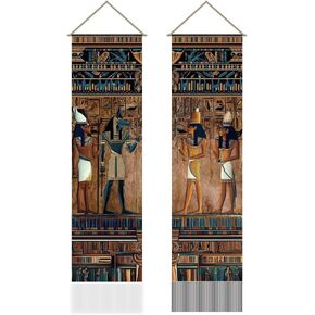 Adlemaker 2pcs نسيج الجداريات المصري القديمة ، مصر ديانة الأساطير التاريخية الفراعنة النسيج الهيروغليفيك معلق تاسيل تاسيل لغرفة نوم غرفة المعيشة ديكور المنزل (45.7x13 بوصة)