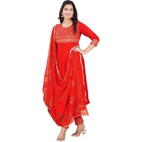 TUNIC TUNIC للسيدات الهنديون Rayon Red Anarkali Kurtis Pant يتجه W Nazmeen DuPatta/Anarkali Kurti Red