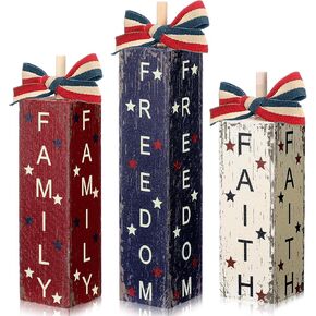 3 Pcs 4th of July Decorations Patriotic Table Sign Red White Blue Tiered Tray Decor Wood Independence Day Centerpieces America Sign for Memorial Day Farmhouse Home Shelf Tabletop(Classic)