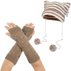 Crochet Hats Cat Beanie With Gloves Accessories Goth Grunge Crochet Knitted Arm Warmers Slouchy Beanies For Women/Girls in Kuwait