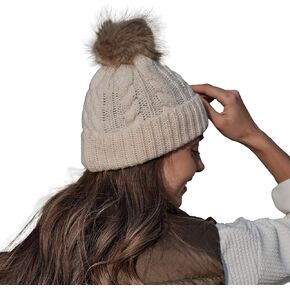 ANJBAM OEM Seasonal Clearance Acrylic Polyester Blend Thick Cable Knit Faux Fuzzy Fur Pom Fleece Lined Skull Cap Cuff Beanie - Unisex Warm Winter Hat One Size for Adult, Vanilla