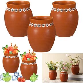 3 Pcs 16oz Cantaritos De Barro Mexicanos Terracotta Vases Sets Mexican Ceramic Vases with Flower Print Clay Margarita Glasses for Mexican Wedding Table Decorations Fiesta Centerpieces