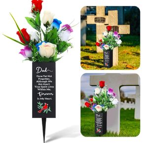 1 Set 3 Pcs Cemetery Vases for Grave Father's Day Metal Grave Vase with Artificial Flowers and Foam Memorial Flower Holder Decorations with Thoughtful Words for Lawn Yard Outdoor(Dad)