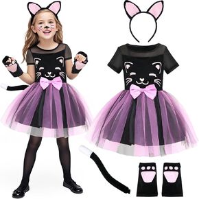 Girls Cat Costume Kids Toddler Kitty Dress Costumes Accessories Cat Ears Headband Gloves Tail Halloween Dress Up Cosplay