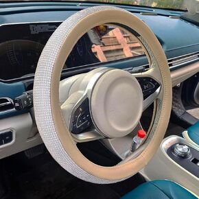 Bling Rhinestone Car Steering Wheel Cover for Women,PU Leather Crystal Diamonds Crown Steering Wheel Covers Non-Slip Universal 15"/38 cm (Beige)