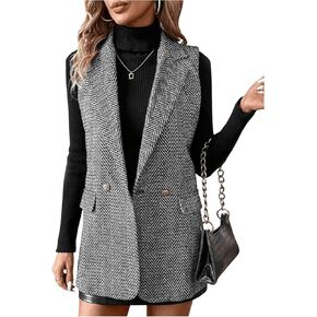 MakeMeChic Women's Tweed Blazer Sleeveless Vest Lapel Collar Jacket Coat