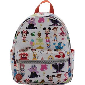 Disney 100 Mini Backpack Purse with Multi Character Allover Print & Molded Metal Logo Charm, 10.5 Inch, Adjustable Straps, Faux Leather