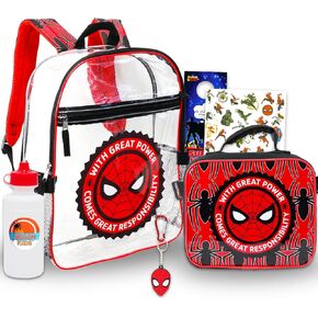 Spiderman Clear Backpack مع صندوق الغداء - حزمة مع حقيبة ظهر Marvel 16 "للأولاد ، صندوق الغداء ، زجاجة ماء ، وشم ، المزيد | حقيبة ظهر Spiderman شفافة للأطفال لوازم المدرسة