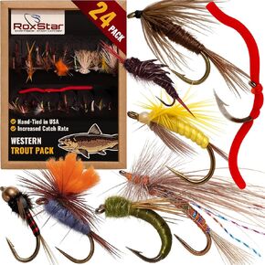 RoxStar Fly Fishing Shop | Proudly Hand Tied in The USA | Western Trout Fly Assortment | Top 24 Producing Trout Flies for The West | Gift Box Included | (24 Pack) in Kuwait