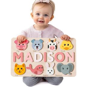 Animals Wooden Name Puzzle | Busy Board Puzzle | Toddler Toys | Baby Girl Gifts | Gift for Kids | Baby First Easter Present | Birthday Gift