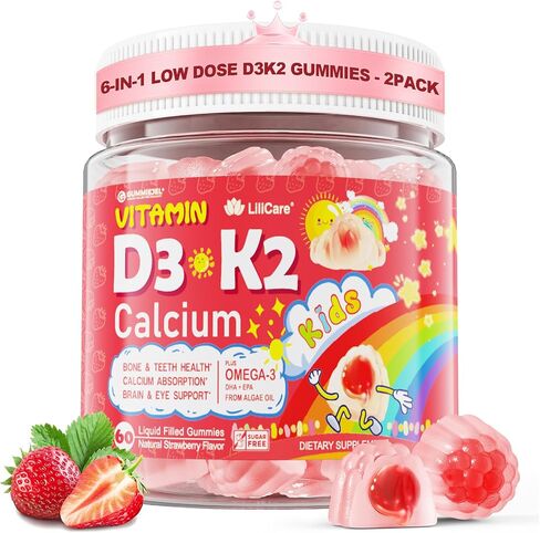 Kids Vitamin D3 K2 + Calcium Gummies (Made in USA) for Adults, 1000IU/2000IU D3 + K2(MK-7) with Magnesium & Algal Omega 3(EPA/DHA) for Bones Teeth Muscles Brain, Low-dose Vitamins, Sugar-Free,60 Chews in Saudi Arabia