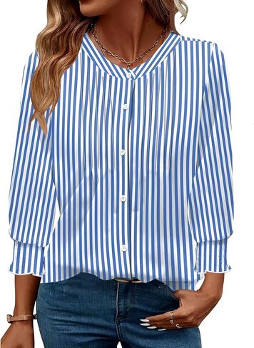 AKEWEI Womens 3/4 Sleeves Button Down Shirts Pleated Chiffon Blouses Business Casual Tops Work Office Tshirt in Kuwait