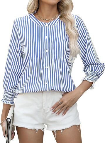 AKEWEI Womens 3/4 Sleeves Button Down Shirts Pleated Chiffon Blouses Business Casual Tops Work Office Tshirt in Kuwait