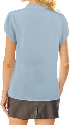 Avanova Women Bow Tie Neck Short Petal Sleeve Blouse Shirts Work Business Tops in Saudi Arabia
