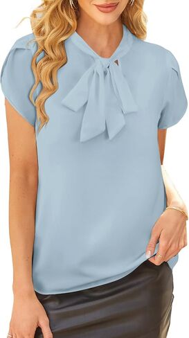 Avanova Women Bow Tie Neck Short Petal Sleeve Blouse Shirts Work Business Tops in Saudi Arabia