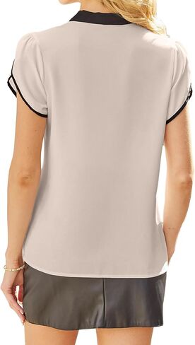 Avanova Women Bow Tie Neck Short Petal Sleeve Blouse Shirts Work Business Tops in Saudi Arabia