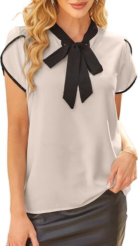 Avanova Women Bow Tie Neck Short Petal Sleeve Blouse Shirts Work Business Tops in Saudi Arabia