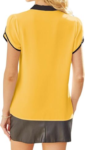 Avanova Women Bow Tie Neck Short Petal Sleeve Blouse Shirts Work Business Tops in Saudi Arabia
