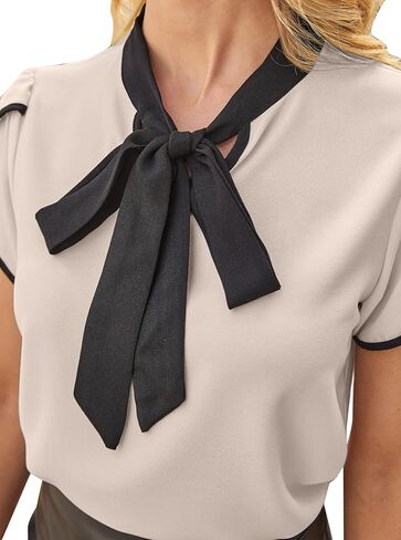 Avanova Women Bow Tie Neck Short Petal Sleeve Blouse Shirts Work Business Tops in Saudi Arabia