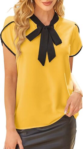 Avanova Women Bow Tie Neck Short Petal Sleeve Blouse Shirts Work Business Tops in Saudi Arabia