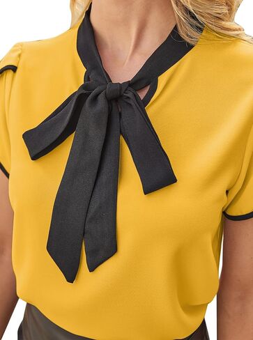 Avanova Women Bow Tie Neck Short Petal Sleeve Blouse Shirts Work Business Tops in Saudi Arabia