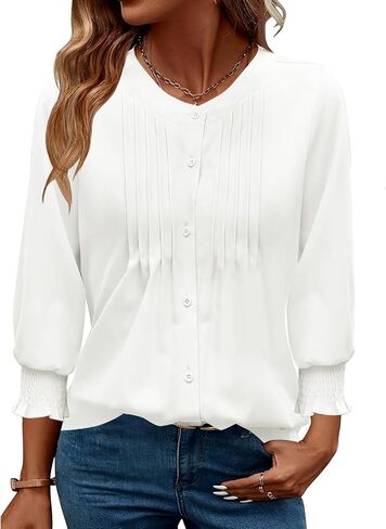 AKEWEI Womens 3/4 Sleeves Button Down Shirts Pleated Chiffon Blouses Business Casual Tops Work Office Tshirt in Kuwait