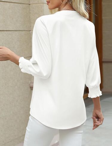 AKEWEI Womens 3/4 Sleeves Button Down Shirts Pleated Chiffon Blouses Business Casual Tops Work Office Tshirt in Kuwait