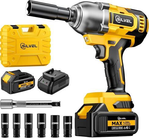SILVEL Impact Wrench, Cordless Impact Wrench 1/2 inch, Brushless 1/2 Inch Impact Gun, 370 Ft-lbs Max Torque(500N.m), 21V 4.0Ah Li-ion Battery with Fast Charger, 6Pcs Sockets, Electric Impact Driver in Saudi Arabia