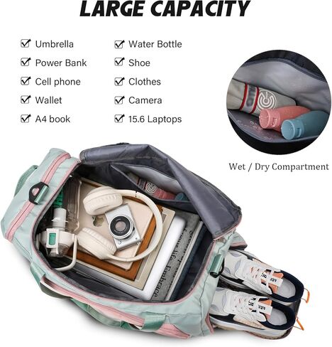 Eslcorri Gym Duffle Bag for Women Men, Sports Backpack with Wet & Shoe Compartment, Fitness Overnight Weekender Bag for Yoga, Swim, Travel (C, GreenPink) in Saudi Arabia