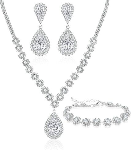 Jewelry Set for Women Silver Jewelry Set for Brides Bridesmaid Rhinestone Choker Necklace Earrings Bracelet Set for Wedding Prom Parties and Fomal Events in Saudi Arabia