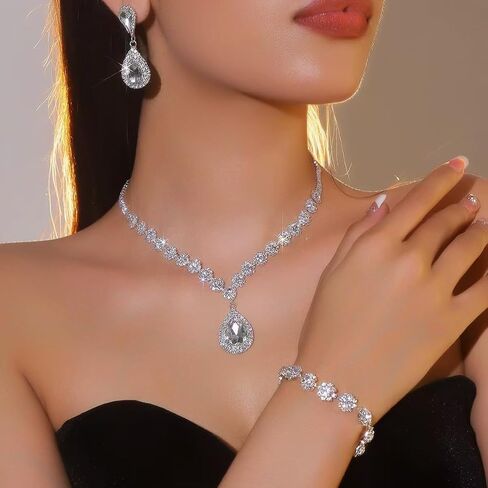 Jewelry Set for Women Silver Jewelry Set for Brides Bridesmaid Rhinestone Choker Necklace Earrings Bracelet Set for Wedding Prom Parties and Fomal Events in Saudi Arabia