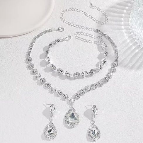 Jewelry Set for Women Silver Jewelry Set for Brides Bridesmaid Rhinestone Choker Necklace Earrings Bracelet Set for Wedding Prom Parties and Fomal Events in Saudi Arabia