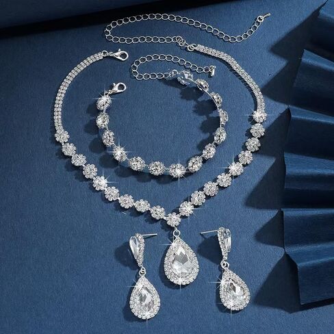 Jewelry Set for Women Silver Jewelry Set for Brides Bridesmaid Rhinestone Choker Necklace Earrings Bracelet Set for Wedding Prom Parties and Fomal Events in Saudi Arabia