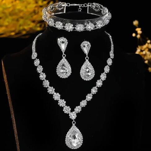 Jewelry Set for Women Silver Jewelry Set for Brides Bridesmaid Rhinestone Choker Necklace Earrings Bracelet Set for Wedding Prom Parties and Fomal Events in Saudi Arabia