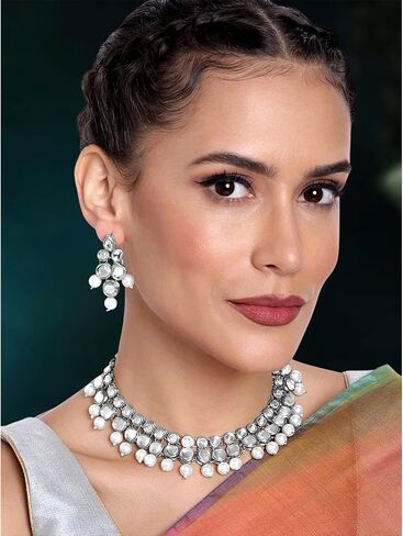 Aheli Wedding Party Indian Faux Kundan Pearl & Beads Necklace Earrings Set Ethnic Fashion Jewelry Gift for Women in Saudi Arabia