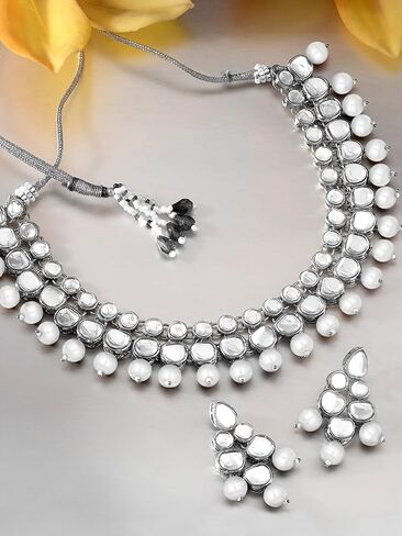 Aheli Wedding Party Indian Faux Kundan Pearl & Beads Necklace Earrings Set Ethnic Fashion Jewelry Gift for Women in Saudi Arabia