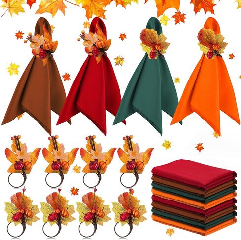 16 Pcs Fall Thanksgiving Napkin Ring Set 8 Pcs Napkin Rings and 8 Pcs Washable Thanksgiving Dinner Napkins for Fall Party Holiday Kitchen Table Decoration for Autumn Party Supplies Decor (Turkey) in Saudi Arabia