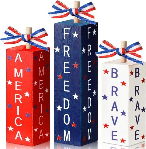 3 Pcs 4th of July Decorations Patriotic Table Sign Red White Blue Tiered Tray Decor Wood Independence Day Centerpieces America Sign for Memorial Day Farmhouse Home Shelf Tabletop(Classic) in Saudi Arabia
