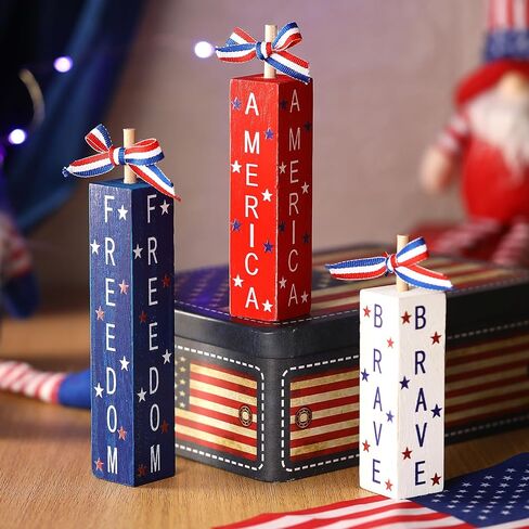 3 Pcs 4th of July Decorations Patriotic Table Sign Red White Blue Tiered Tray Decor Wood Independence Day Centerpieces America Sign for Memorial Day Farmhouse Home Shelf Tabletop(Classic) in Saudi Arabia