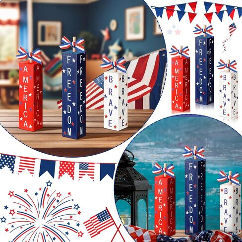 3 Pcs 4th of July Decorations Patriotic Table Sign Red White Blue Tiered Tray Decor Wood Independence Day Centerpieces America Sign for Memorial Day Farmhouse Home Shelf Tabletop(Classic) in Saudi Arabia
