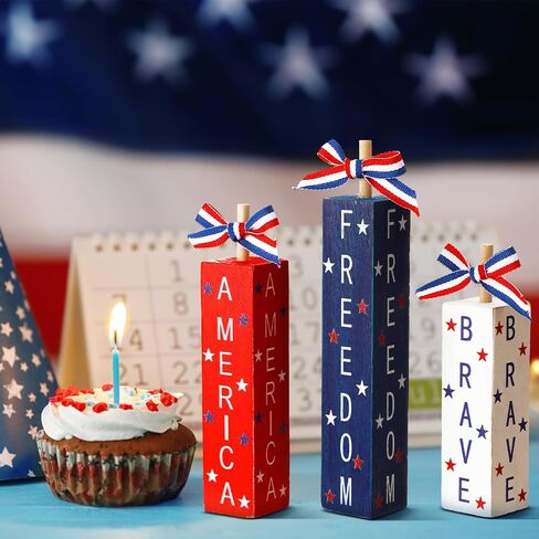 3 Pcs 4th of July Decorations Patriotic Table Sign Red White Blue Tiered Tray Decor Wood Independence Day Centerpieces America Sign for Memorial Day Farmhouse Home Shelf Tabletop(Classic) in Saudi Arabia