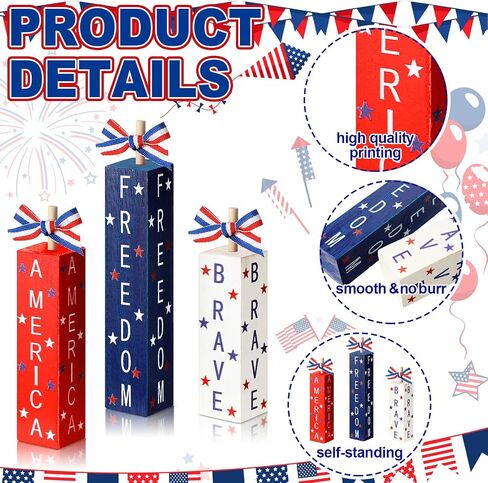 3 Pcs 4th of July Decorations Patriotic Table Sign Red White Blue Tiered Tray Decor Wood Independence Day Centerpieces America Sign for Memorial Day Farmhouse Home Shelf Tabletop(Classic) in Saudi Arabia