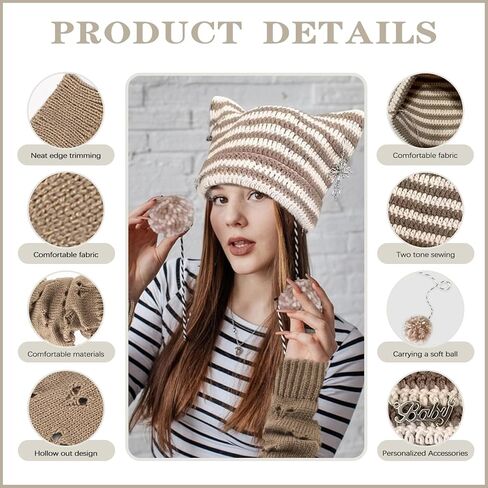 Crochet Hats Cat Beanie With Gloves Accessories Goth Grunge Crochet Knitted Arm Warmers Slouchy Beanies For Women/Girls in Kuwait