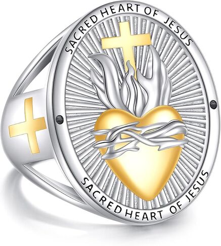 YAFEINI Sacred Heart of Jesus Ring for Men S925 Sterling Silver Cross Sacred Heart Ring God's Love Jewelry Amulet Gifts for Women Men in Kuwait