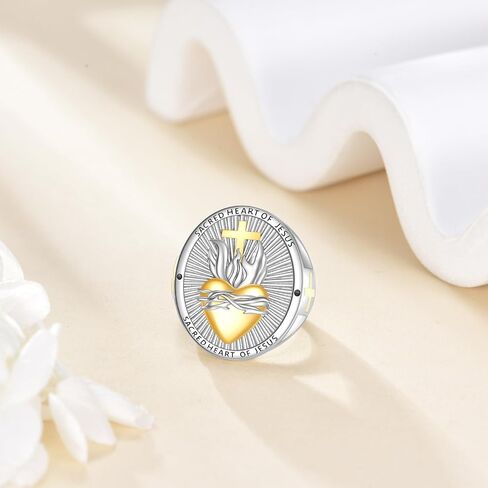 YAFEINI Sacred Heart of Jesus Ring for Men S925 Sterling Silver Cross Sacred Heart Ring God's Love Jewelry Amulet Gifts for Women Men in Kuwait