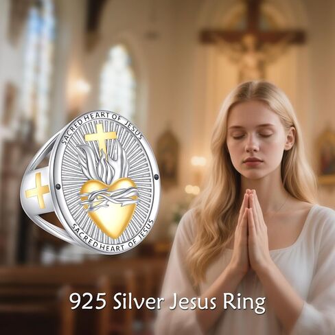 YAFEINI Sacred Heart of Jesus Ring for Men S925 Sterling Silver Cross Sacred Heart Ring God's Love Jewelry Amulet Gifts for Women Men in Kuwait
