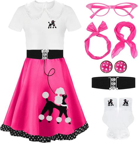 8 Pcs 50s Poodle Skirt Costume Girls Kids Sock Hop Outfit 1950s Costume Accessories Birthday Halloween Cosplay in Saudi Arabia